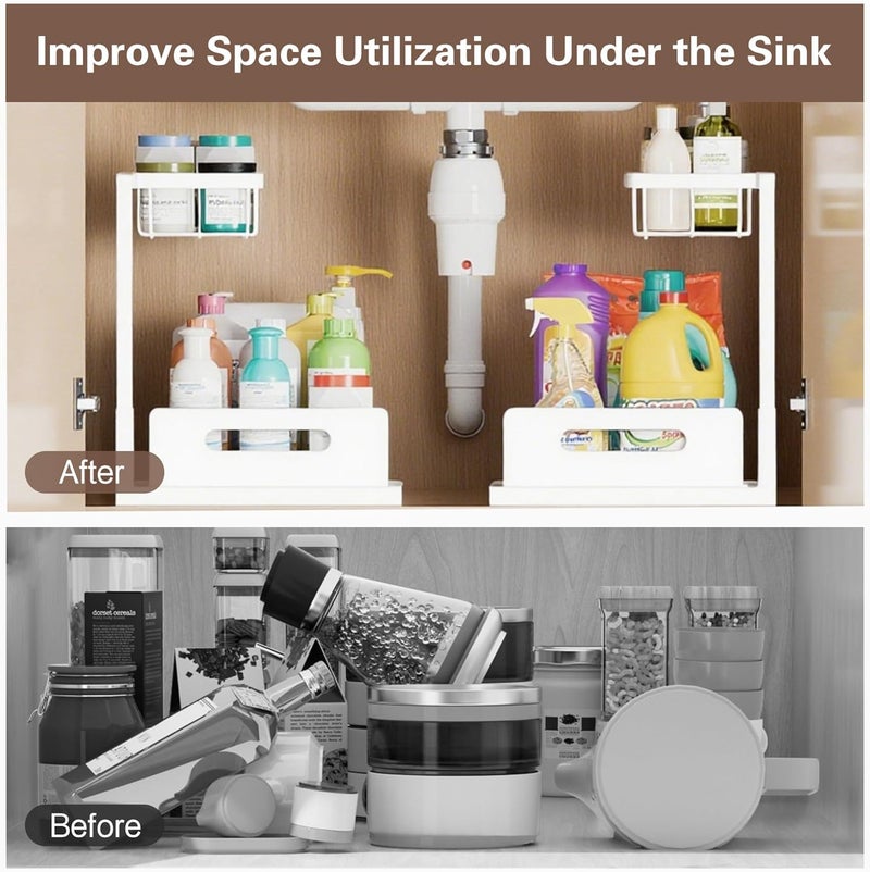 VUSIGN 2 Tier Under Sink Organizer, Slide Out Pull Out Cabinet Organizer, Cabinet Kitchen Bathroom Storage Organization Shelf, 2 Pack, White - Image 2